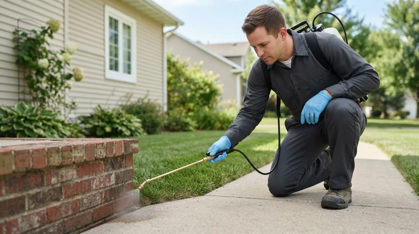 Pest control technician treating a home near Royal Center, IN