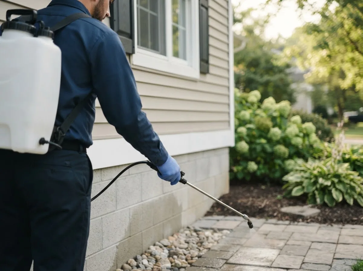Pest control technician inspecting a home in Royal Center, IN